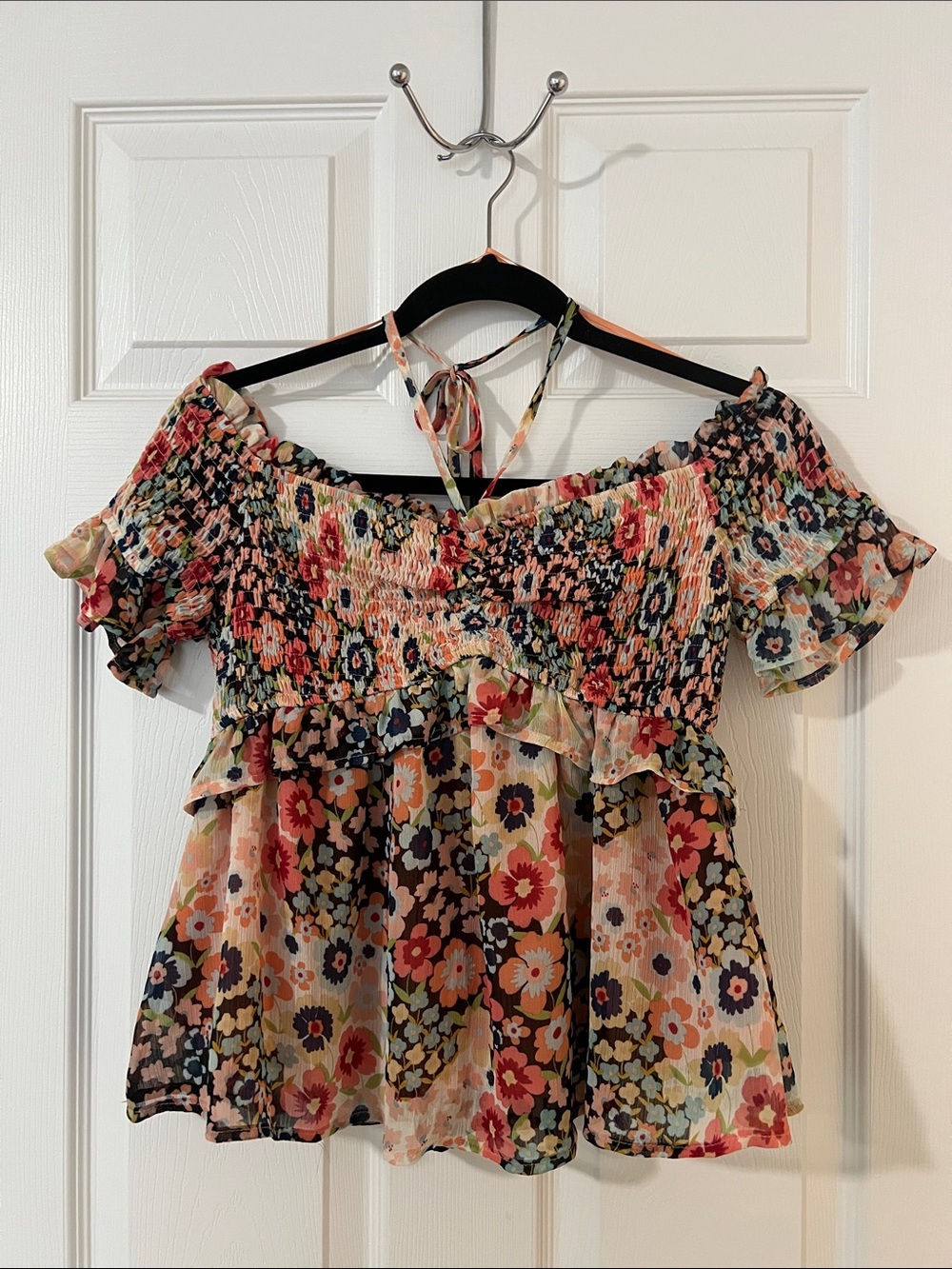 Promesa Floral Smocked Off-Shoulder Peplum Top - Black, Pink, Cream